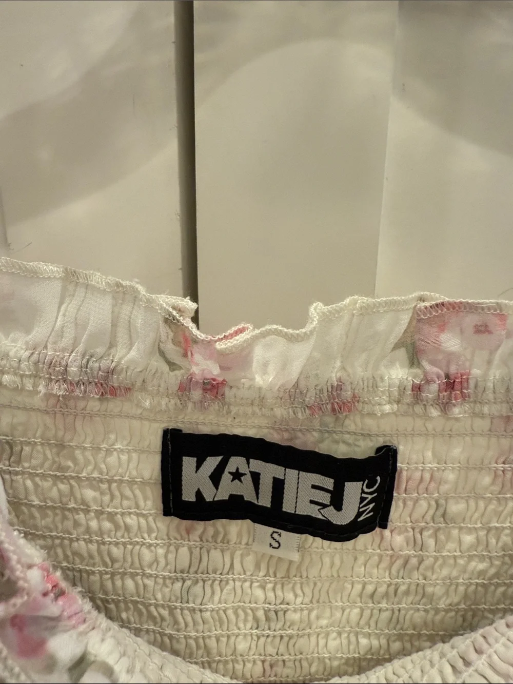 Katie J NYC White Floral Smocked Dress with Pink Blooms
